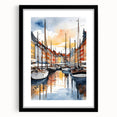 Colorful abstract art print of a European scenery in a black frame, ideal for large living room walls.