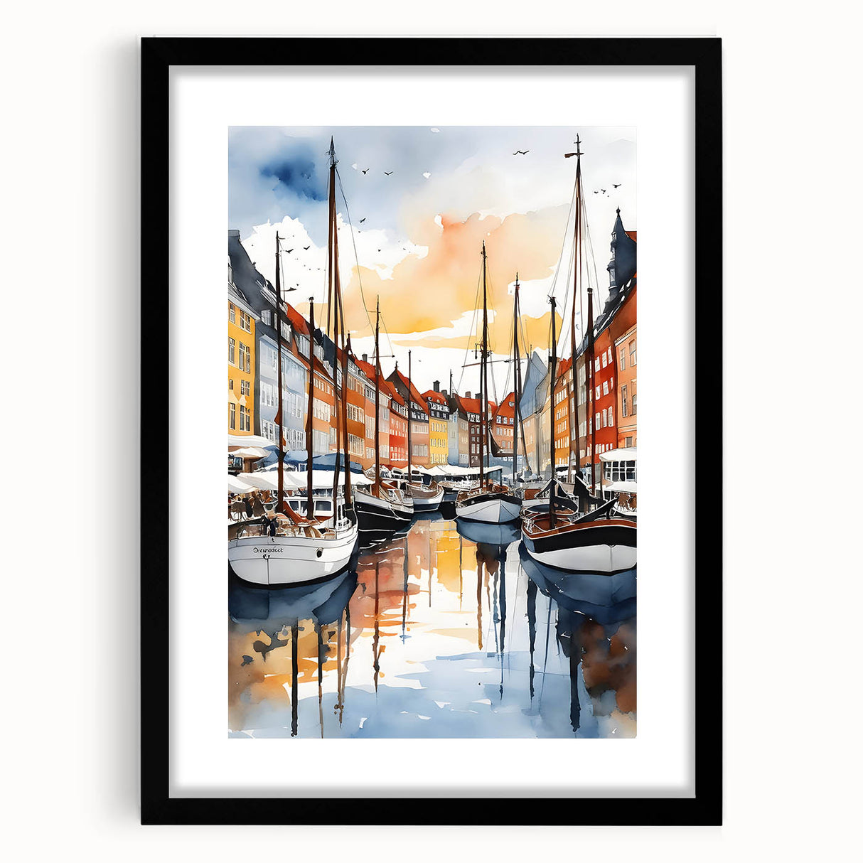 Colorful abstract art print of a European scenery in a black frame, ideal for large living room walls.