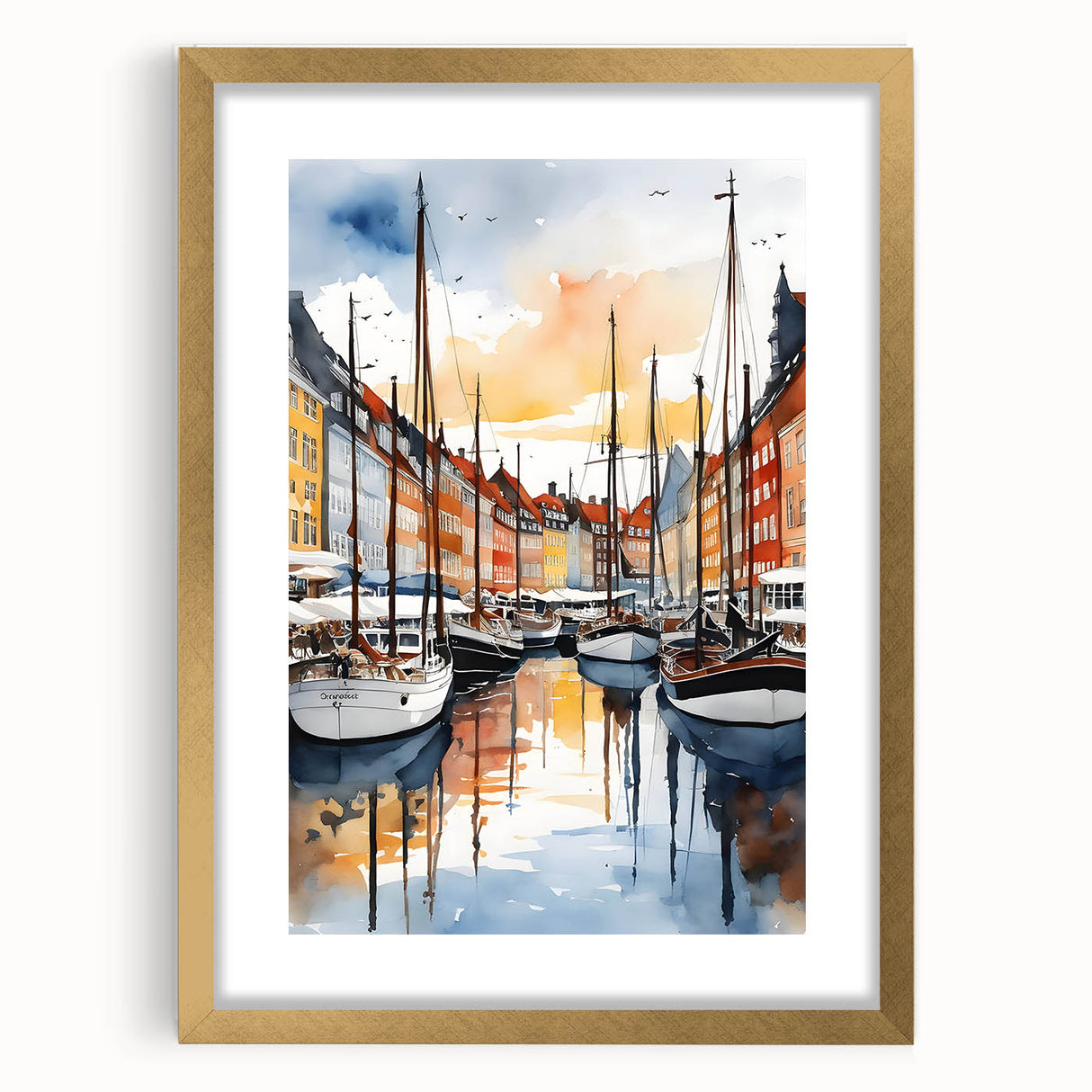 Abstract art print depicting a European scenery in muted gold and green tones, framed with a gold mat.