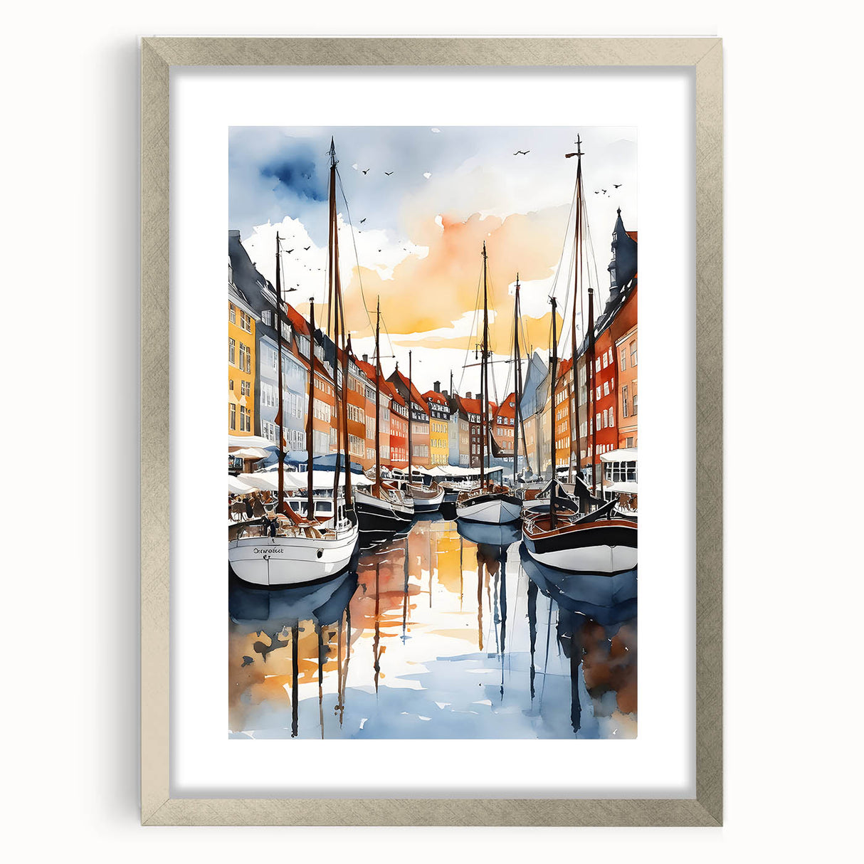 Extra large abstract art print of textured European scenery in muted colors, framed in silver, ideal for living room decor.