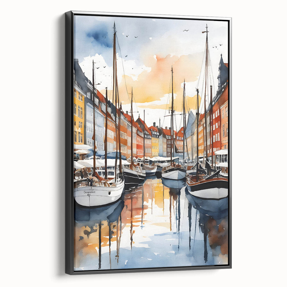 Black and white framed canvas of a vintage European landscape, ideal for bedroom wall art.