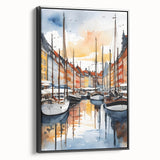Black and white framed canvas of a vintage European landscape, ideal for bedroom wall art.