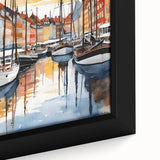 Extra large framed canvas featuring a textured depiction of a scenic Danish landscape in muted black and colorful hues.