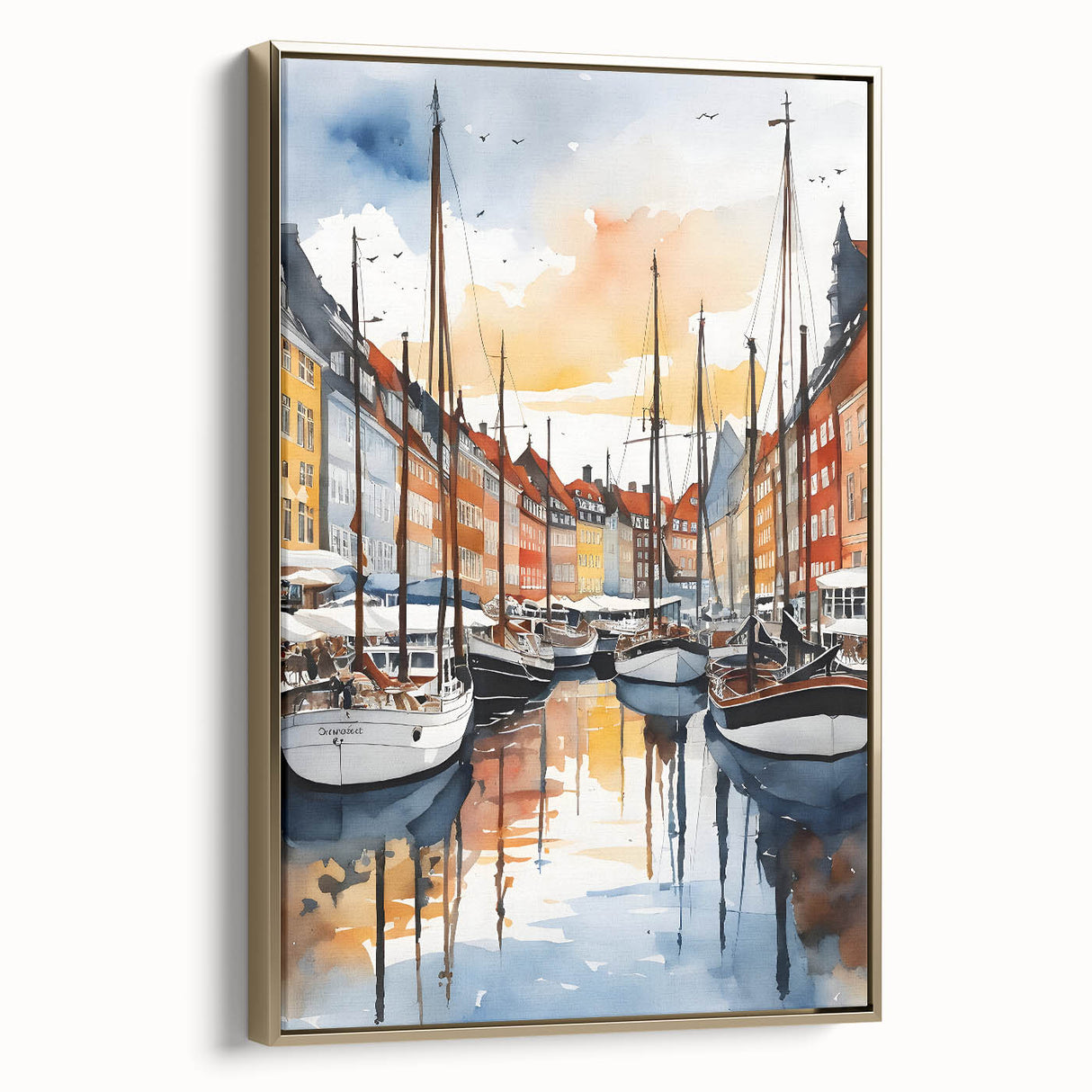 Framed canvas depicting a vintage-style landscape of European scenery, dominated by black and gold tones.
