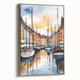 Framed canvas depicting a vintage-style landscape of European scenery, dominated by black and gold tones.