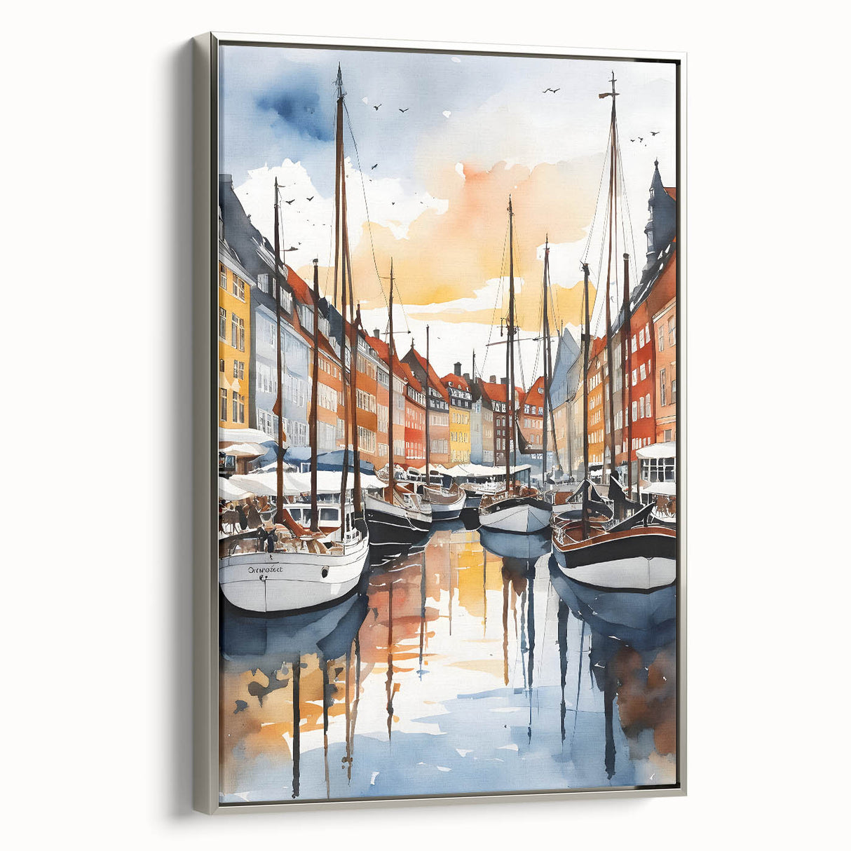Landscape art painting of a European scene in Denmark on framed canvas with a silver frame, featuring muted earth tones.