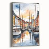 Landscape art painting of a European scene in Denmark on framed canvas with a silver frame, featuring muted earth tones.