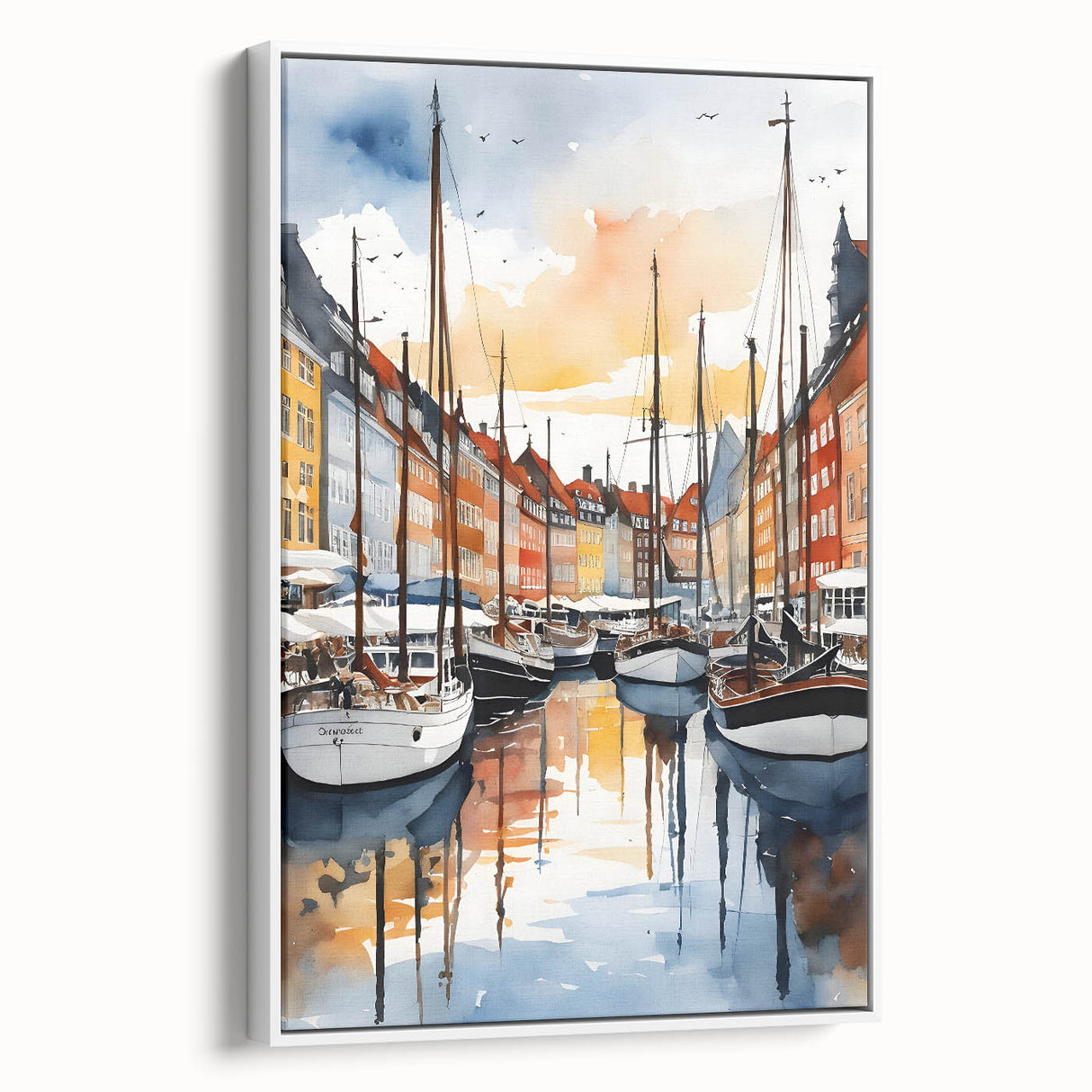 Vintage poster art of a European Denmark scenery on framed canvas, with colorful art in a large format.