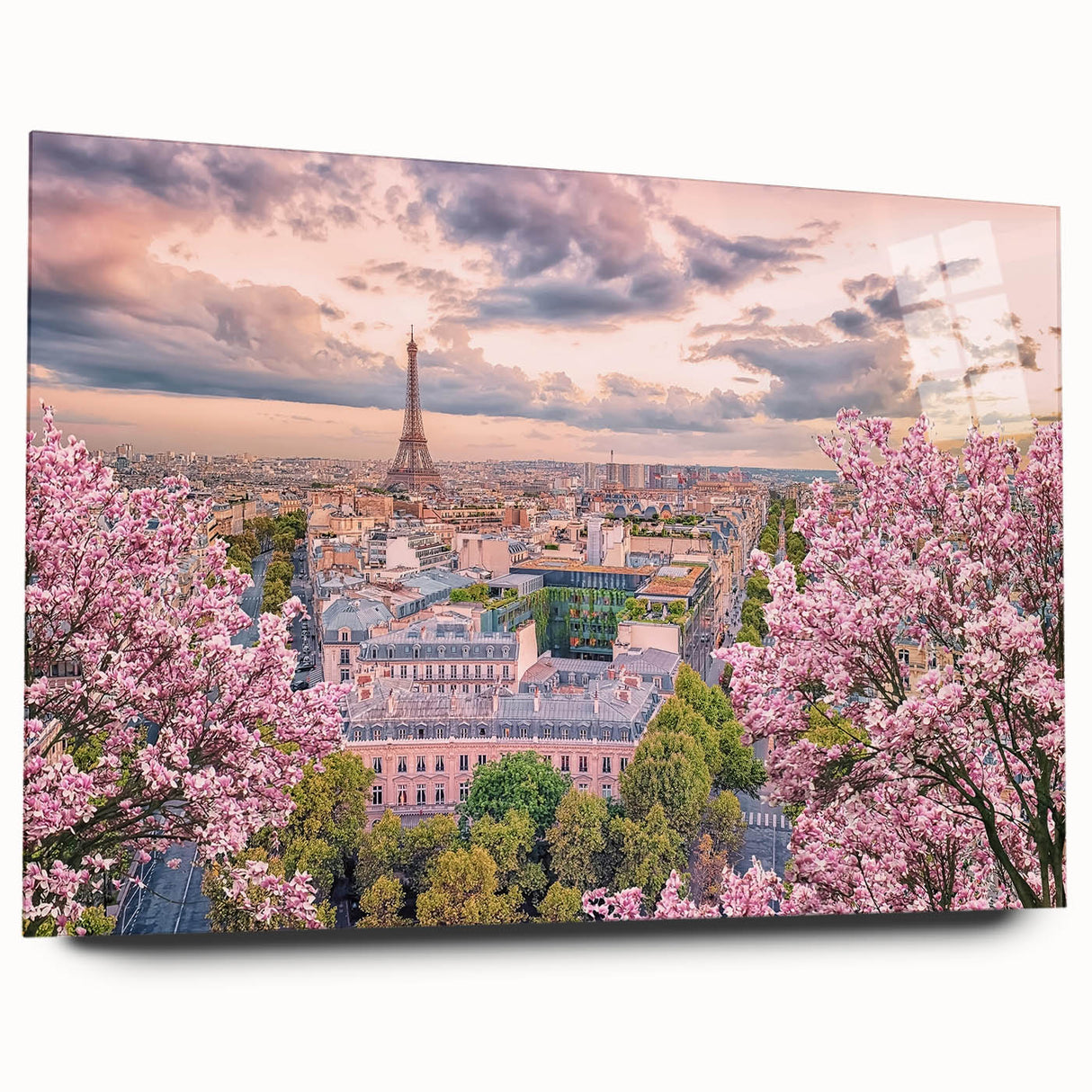 Large abstract depiction of Paris on acrylic glass, in muted gray and blue tones, suitable for bedroom or dining room art.