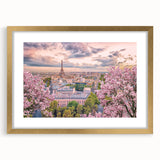 Abstract art print of Paris skyline in muted gold and blue tones on a framed canvas, suitable for dining room decor.