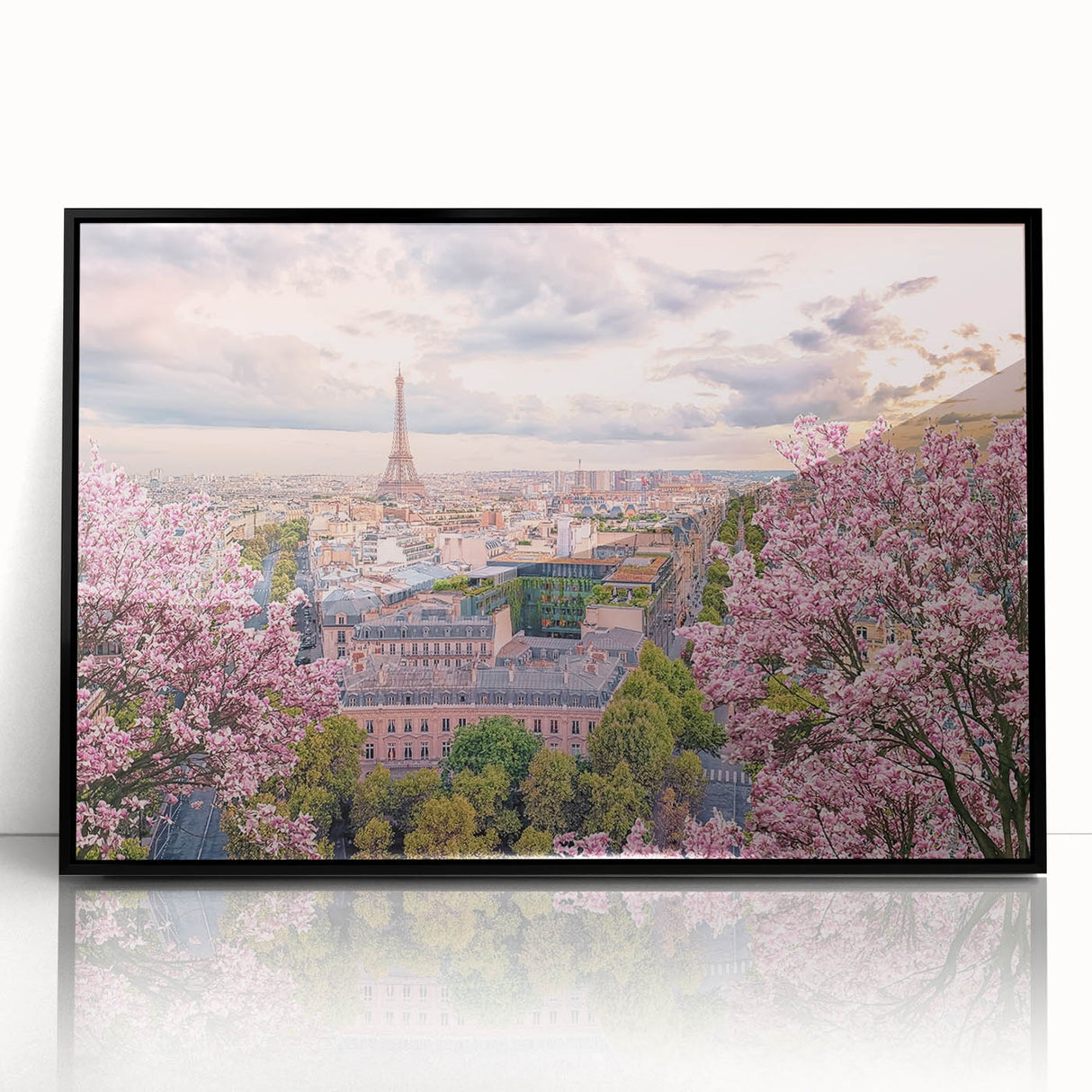 Large abstract wall art depicting a Parisian streetscape in muted gray tones, framed in black acrylic.
