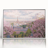 Mid-century modernist art of Paris skyline in muted tones on framed acrylic, suitable for nursery wall decor.