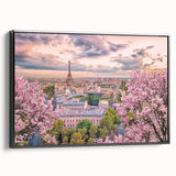 Black and white vintage poster art of Paris landscape on framed canvas, suitable for bedroom decor.