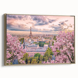 Framed canvas featuring a vintage poster of a Paris landscape in black and gold tones, ideal for bedroom wall art.