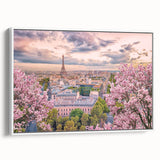 Vintage poster art of Paris skyline in colorful tones on extra large framed canvas, ideal for living room.