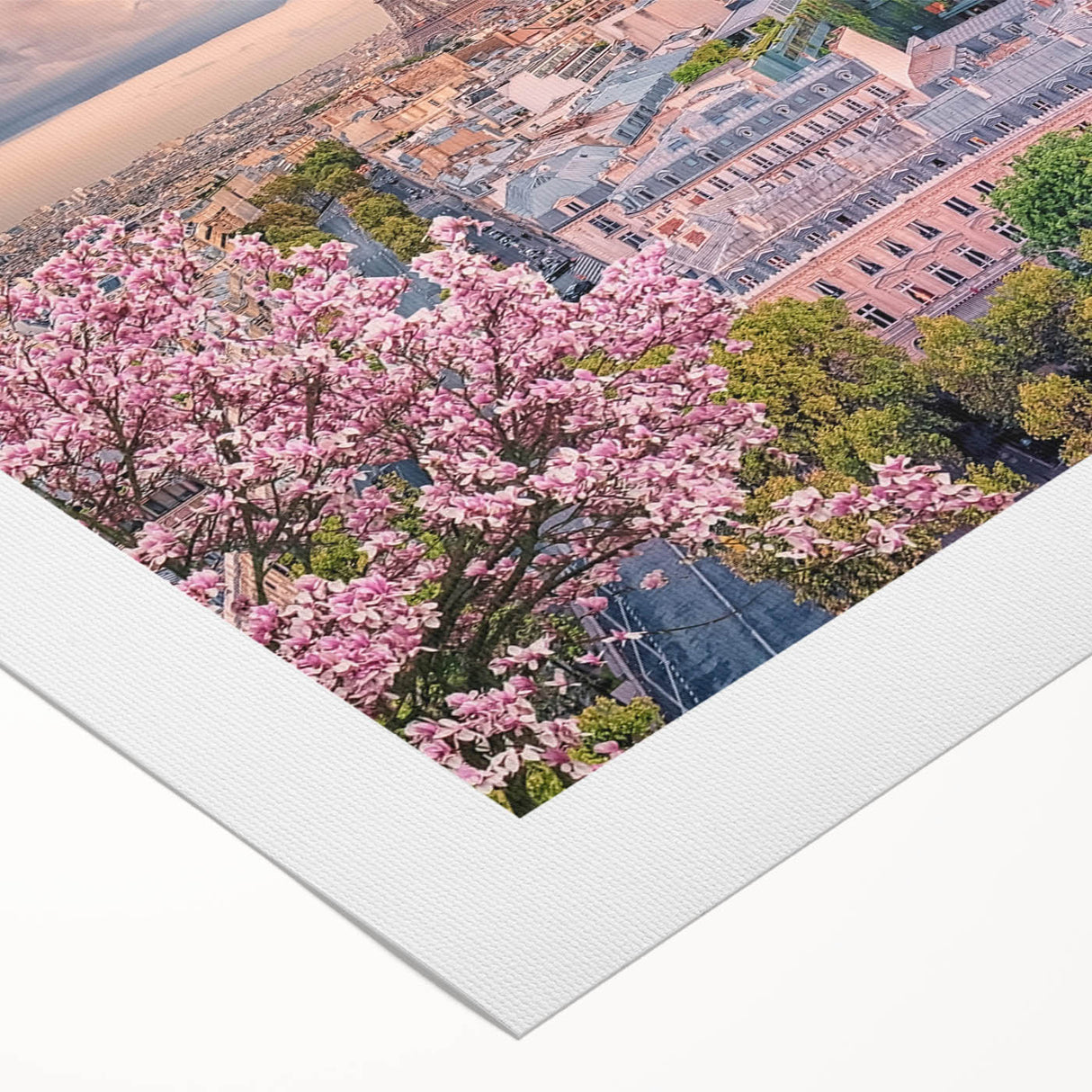 Art deco poster of Paris skyline in muted gray and blue tones on rolled canvas, suitable for dining room wall art.