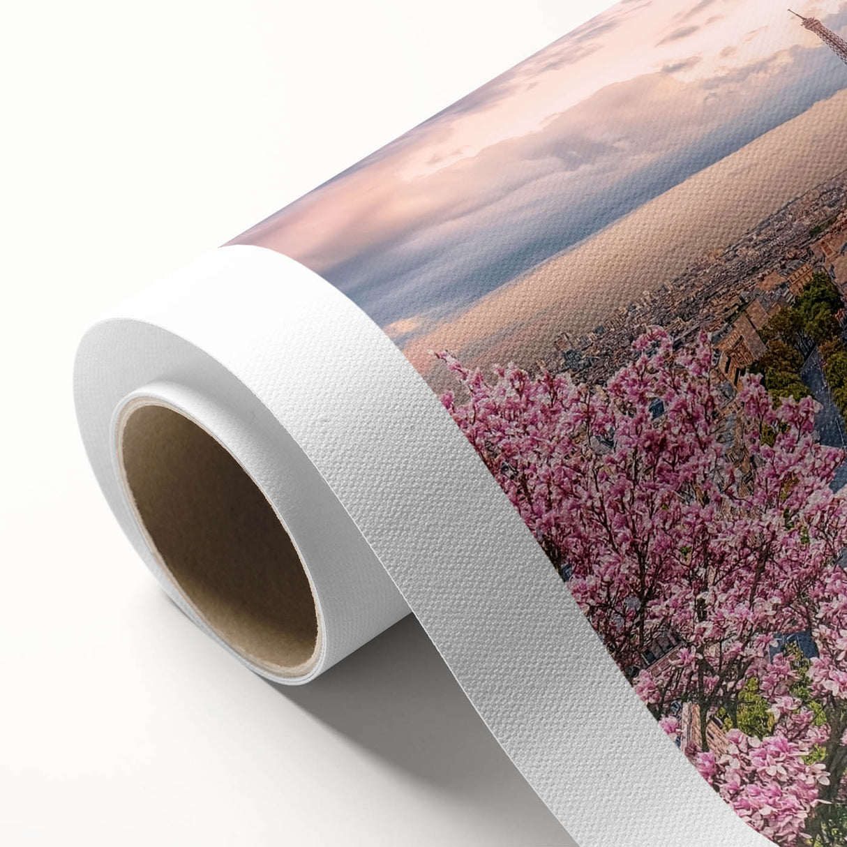 Art Deco poster of Paris scenery on rolled canvas, featuring muted pastel shades, ideal for nursery wall art.