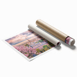 Extra large rolled print featuring a floral Parisian streetscape in soft pastel shades.