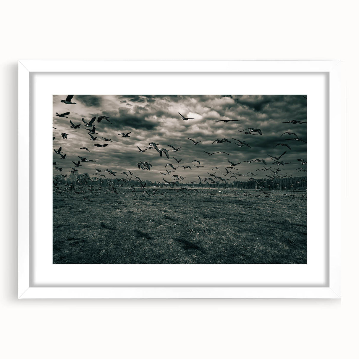 Textured abstract art print of a European landscape in muted earth tones on a framed white mat, ideal for bedroom decor.