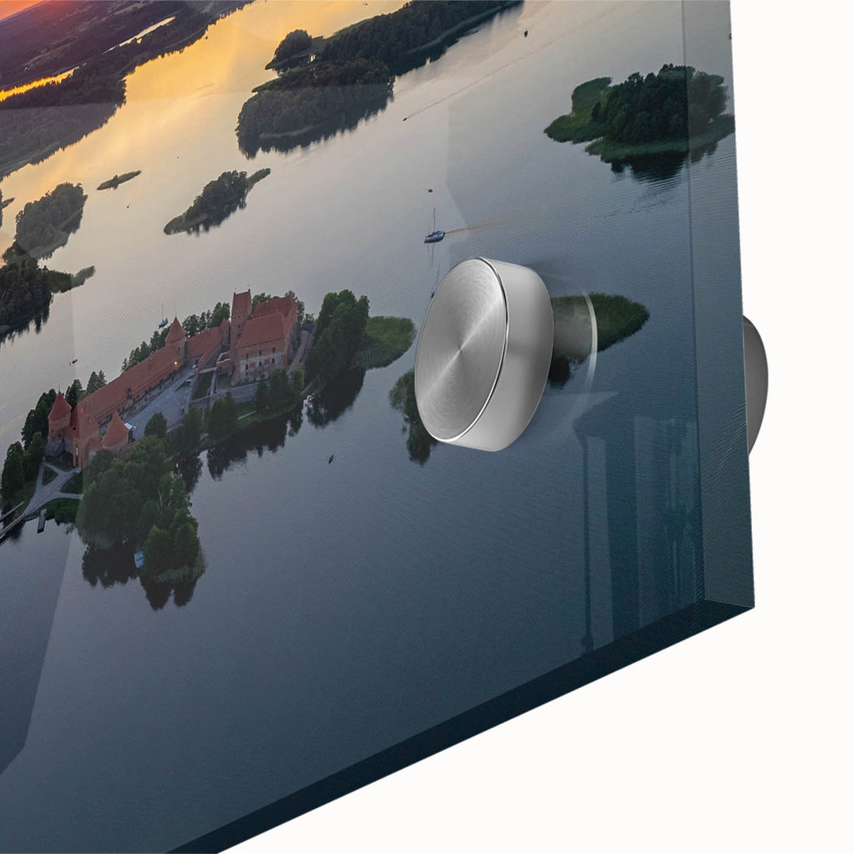 Large abstract wall art depicting a European Lithuanian landscape in mid-century modernist style on acrylic glass.