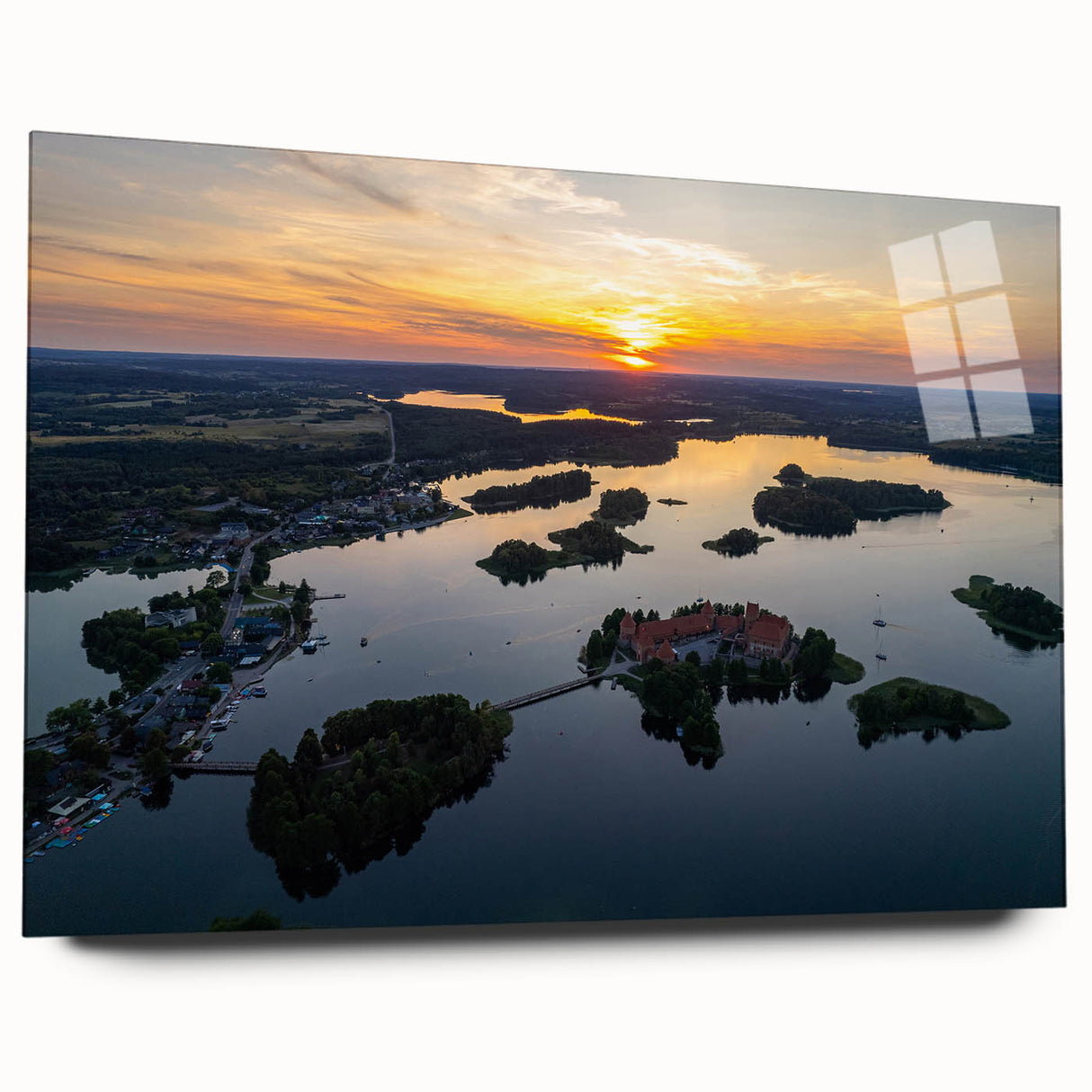 Large abstract wall art on acrylic glass depicting a serene Lithuanian landscape, suitable for bedroom or dining room decor.