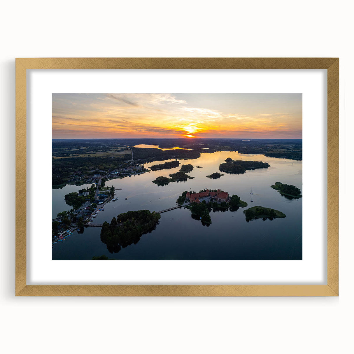 Abstract art print of a European Lithuanian scenery in gold frame with mat, ideal for dining room decor.