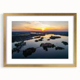 Abstract art print of a European Lithuanian scenery in gold frame with mat, ideal for dining room decor.