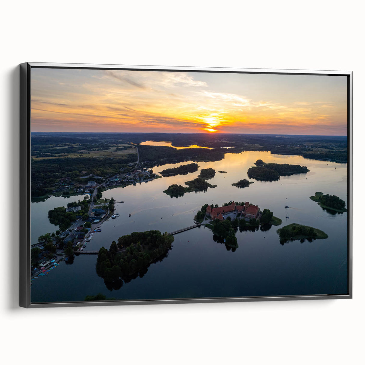 Black and white framed canvas of a vintage Lithuanian landscape, ideal for bedroom wall art.