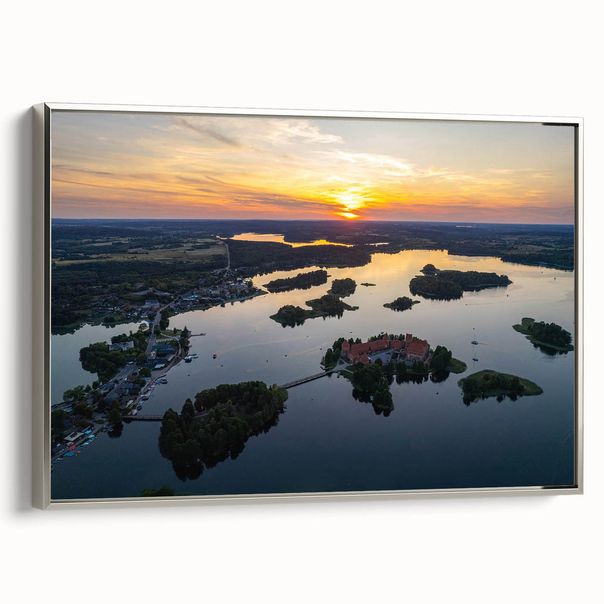 Lithuanian landscape painting on framed canvas, featuring vibrant green and blue tones, ideal for living room decor.