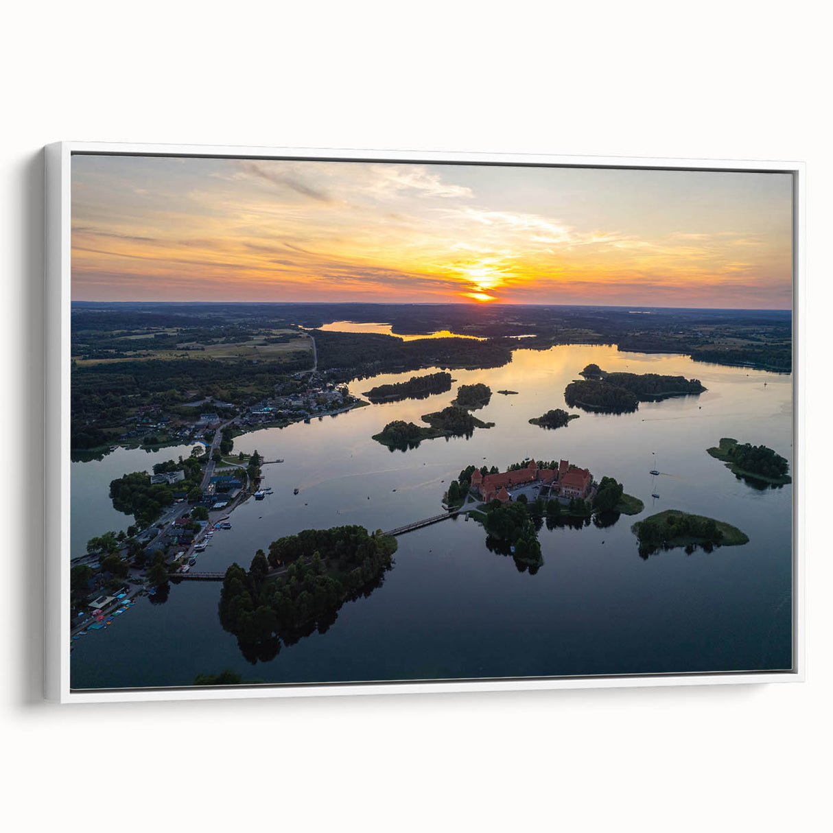 Vintage poster art of a European Lithuanian scenery in vibrant colors on a large framed canvas, ideal for living room decor.