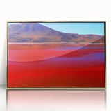 Framed acrylic print of a Bolivian landscape in mid-century modernist style, featuring earthy tones.