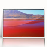 Art deco poster of a Bolivian landscape in muted earth tones on a white framed acrylic, ideal for modern art wall decor.