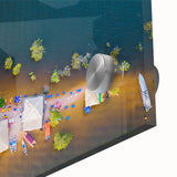 Large abstract wall art depicting a Brazilian landscape in vibrant greens and blues on acrylic glass.