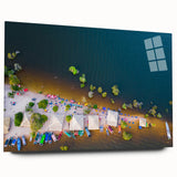 Large abstract wall art of a Brazilian landscape in vibrant green and blue tones on acrylic glass.