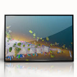 Large abstract wall art depicting a stylized Brazilian landscape in vibrant colors, framed in black acrylic.