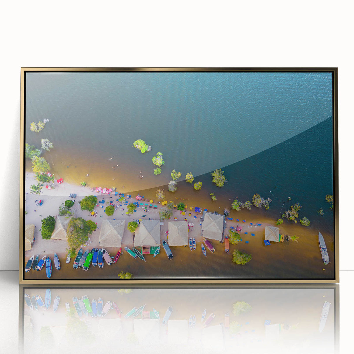 Large art print of a South American scenery in gold frame, acrylic, with mid-century modernist style.