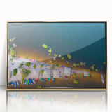 Large art print of a South American scenery in gold frame, acrylic, with mid-century modernist style.