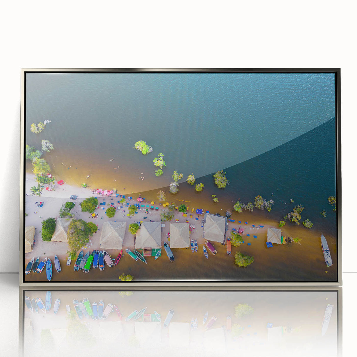 Mid-century modernist art depicting a vibrant, stylized Brazilian landscape on a silver-framed acrylic print.