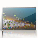 Acrylic print of a South American scenery in muted green and blue tones, framed in white, suitable for modern art wall decor.