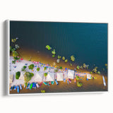 Framed vintage poster art of a colorful Brazilian landscape on canvas, ideal for living room decor.