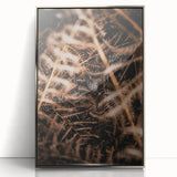 Mid-century modernist art depicting an abstract fall landscape in earth tones on a framed acrylic print.