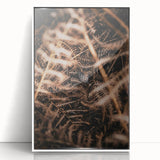 Art deco poster depicting a stylized fall scene in muted orange and brown tones on a framed acrylic print.