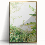 Large acrylic print featuring a mid-century modernist spring scene in soft green and gold tones.