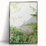Mid-century modernist art depicting spring season in pastel shades on a silver-framed acrylic, ideal for nursery wall art.