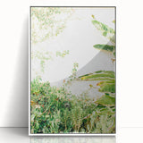 Acrylic print of art deco spring scene in pastel shades, framed in white, ideal for nursery wall art.