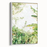 Vintage poster art of spring-themed canvas in a white frame, with vibrant green and pink tones, ideal for living room decor.