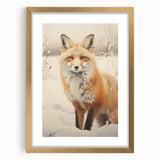 Abstract art print depicting a textured winter scene in muted blue and white tones, framed in gold.