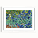 Abstract art print depicting swirling blue and yellow patterns, framed in white, suitable for bedroom or dining room decor.