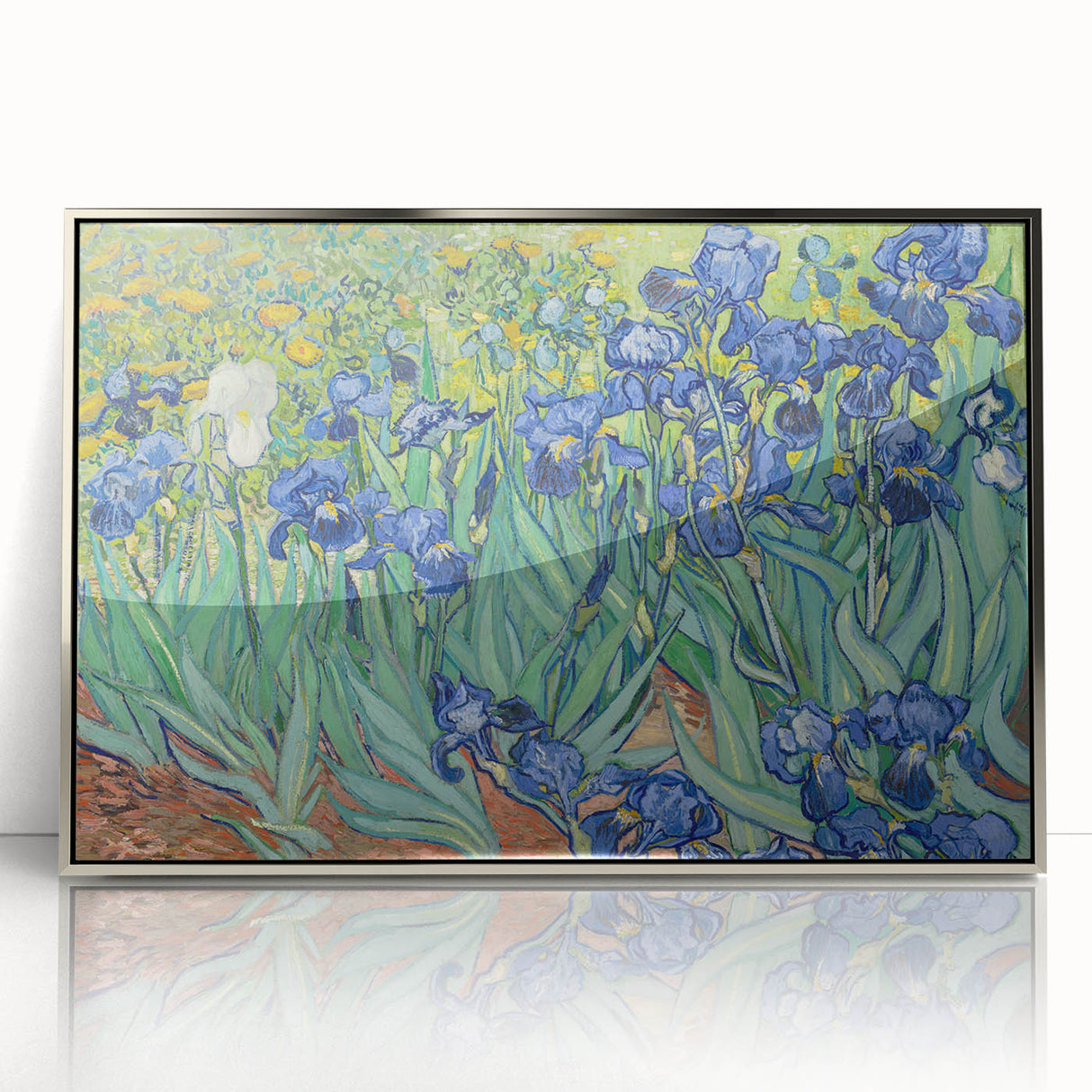 Large art print of Van Gogh's Starry Night in silver acrylic frame, featuring swirling blue and yellow tones.