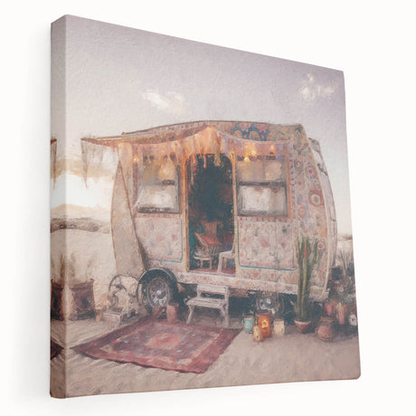Side view of a vintage caravan in muted beige and white, printed on large stretched canvas, suitable for kitchen wall decor.